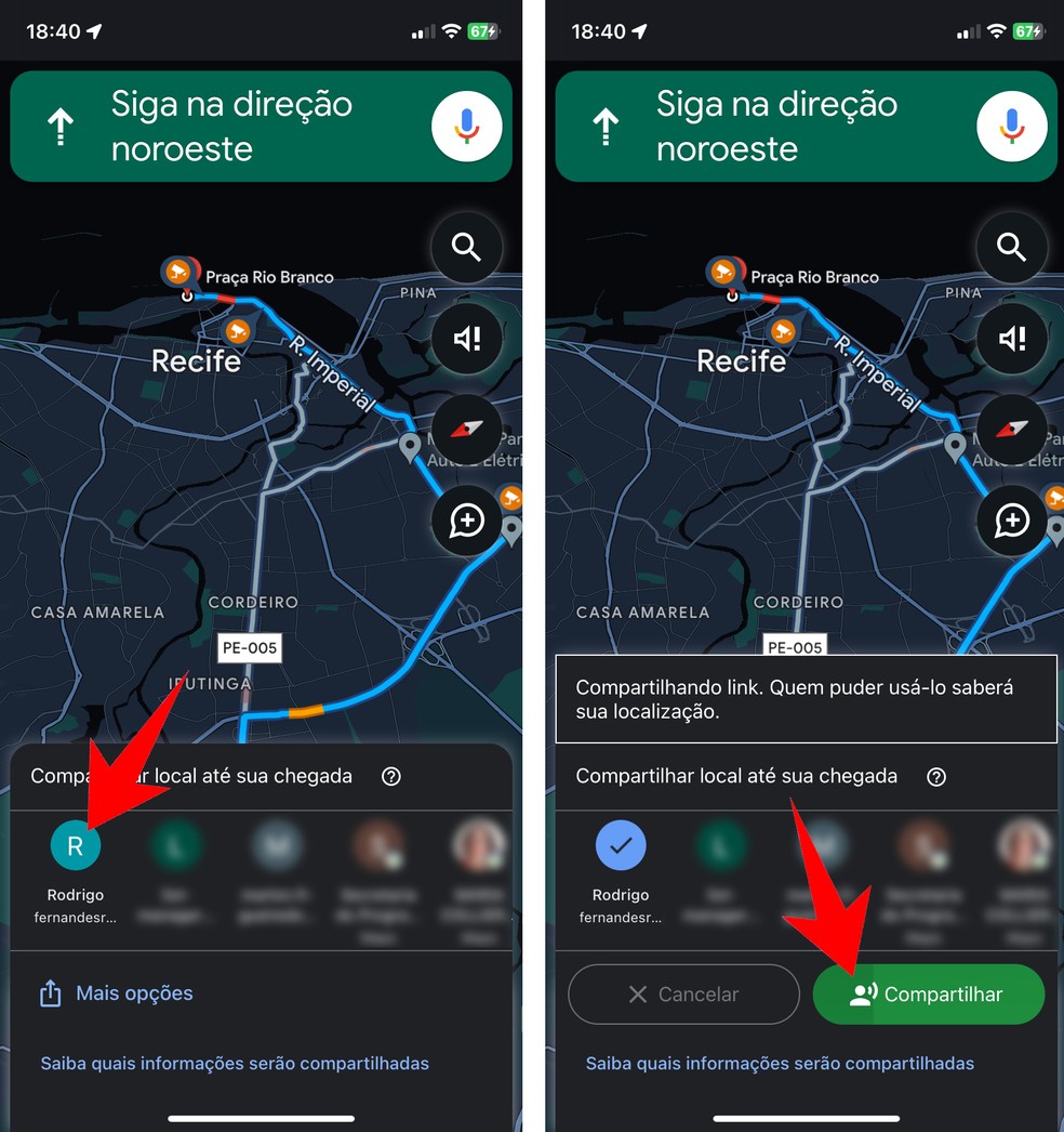 Compartilhamento de localização em tempo real do Google Maps com viagem em andamento — Foto: Reprodução/Rodrigo Fernandes