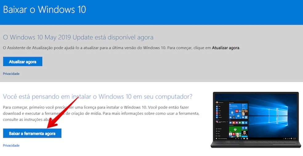 Baixe a ferramenta de atualização do Windows 10 — Foto: Reprodução/Helito Beggiora