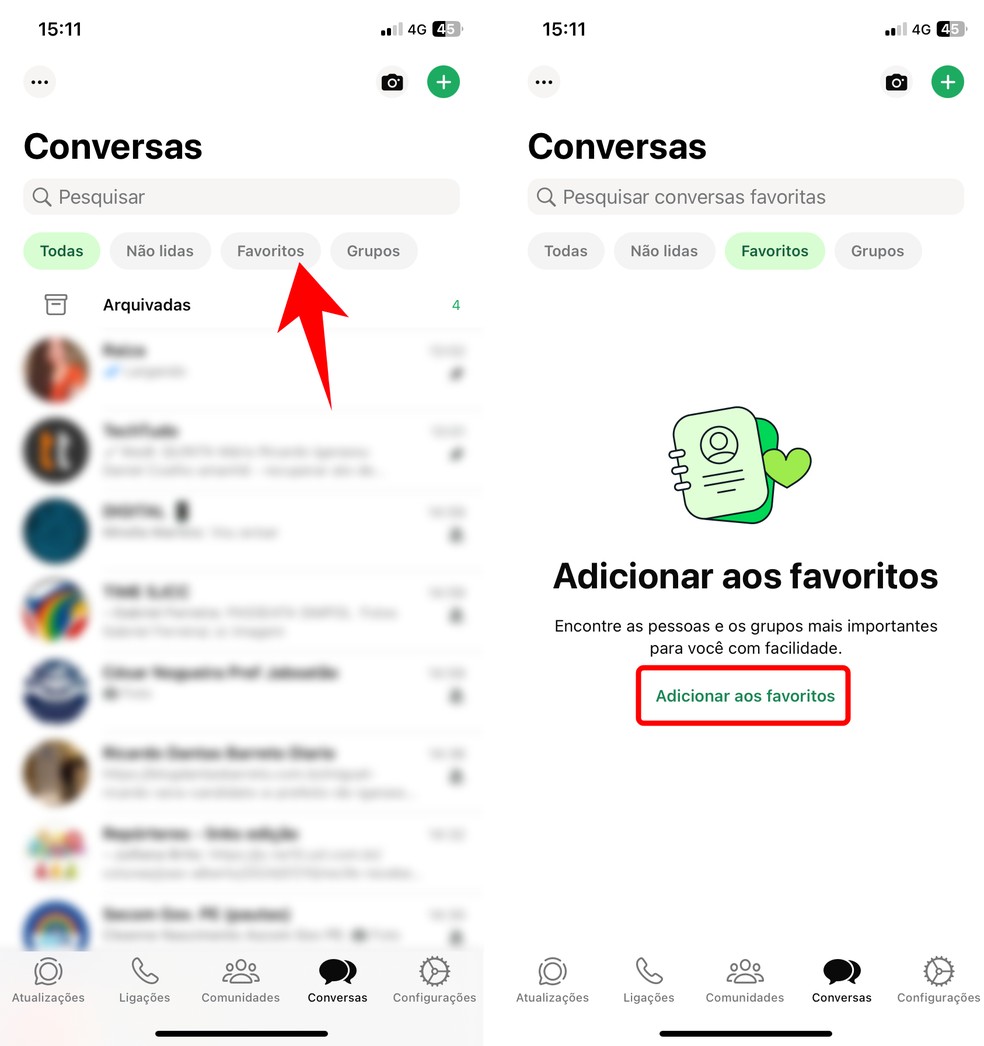 Abra o app do WhatsApp e toque no filtro "Favoritos" para definir conversar prioritárias no app — Foto: Reprodução/Rodrigo Fernandes