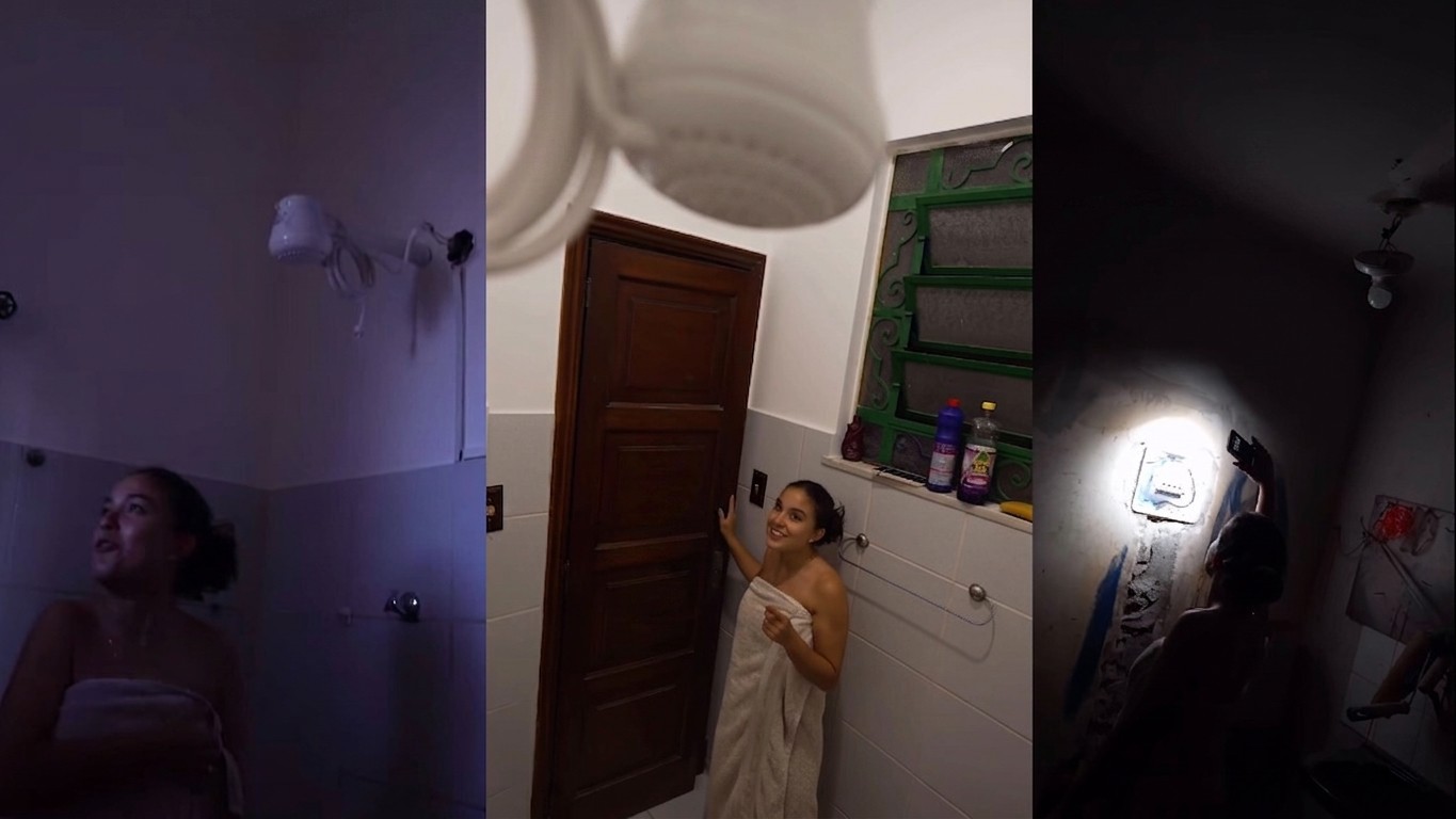Chuveiro queima fase elétrica durante banho de influencer; veja riscos do mau uso