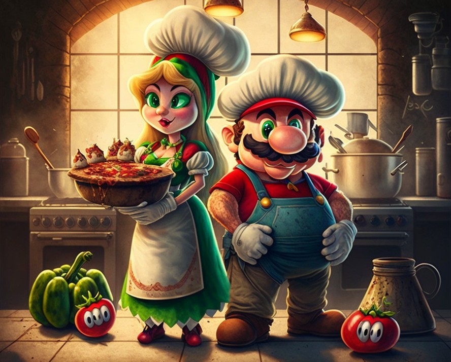 Super Mário e Princesa cozinhando
