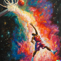 Uma pintura a óleo expressiva de um jogador de basquete mergulhando, retratada como uma explosão de uma nebulosa — Foto: Reprodução/Dall-E 2