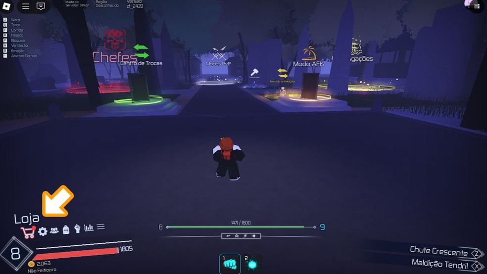Durante o gameplay de Jujutsu Infinite em Roblox clique no ícone do Carrinho de Compras no canto inferior esquerdo para abrir a Loja — Foto: Reprodução/Rafael Monteiro