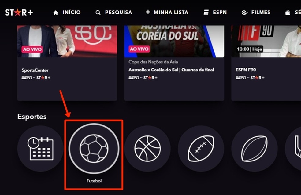 Na seção "Esportes", do Star+, é preciso selecionar o ícone da bola de futebol para encontrar a transmissão de Real Madrid x Atlético de Madrid — Foto: Reprodução/Gabriela Andrade