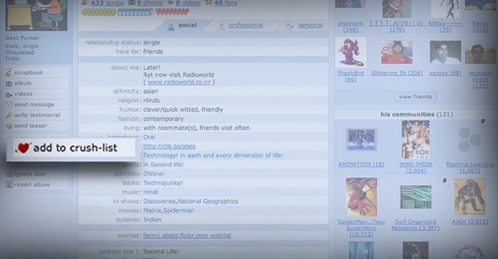 Muito antes do Tinder, era na Crush List do Orkut que os casais se criavam — Foto: Reprodução/Orkut