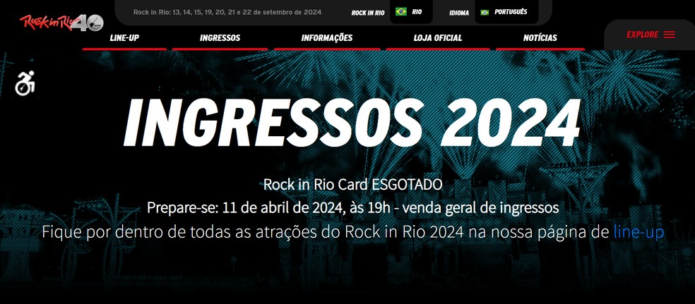 Página do Rock in Rio mostra que os ingressos gerais serão vendidos dia 11 de abril — Foto: Reprodução/Rock in Rio