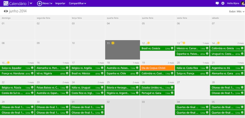 Calendário do Outlook.com com todos os jogos da Copa (Foto: Reprodução/Helito Bijora) — Foto: TechTudo