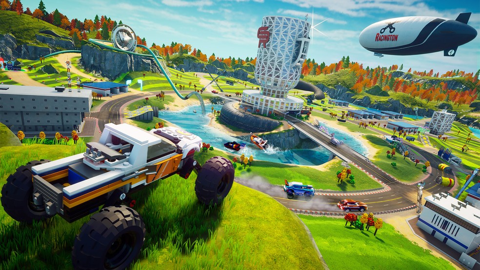 Lego 2K Drive se passa na Bricklandia, um local focado no automobilismo — Foto: Reprodução/Steam