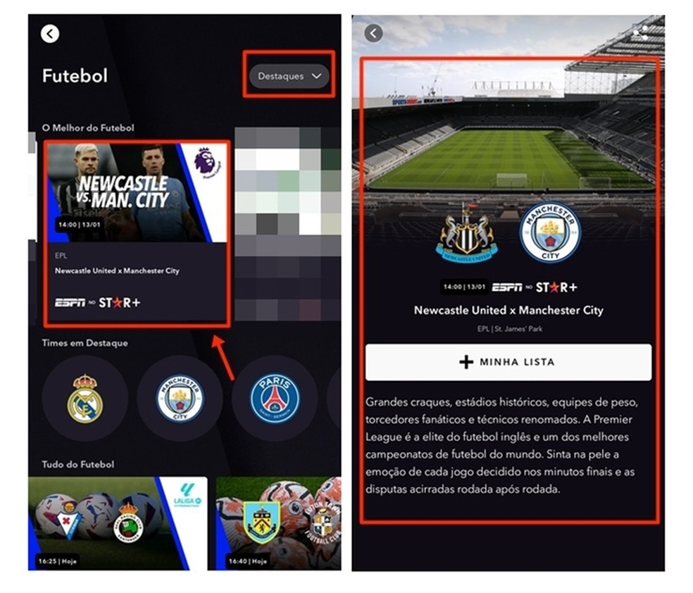 Destaque de Newcastle x Manchester City deve ser selecionado para público assistir ao jogo da Premier League ao vivo e online — Foto: Reprodução/Gabriela Andrade