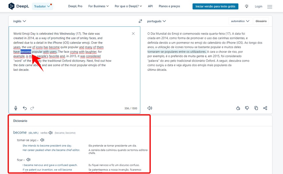 Tradutor online DeepL tem dicionário com significado das palavras — Foto: Reprodução/Rodrigo Fernandes