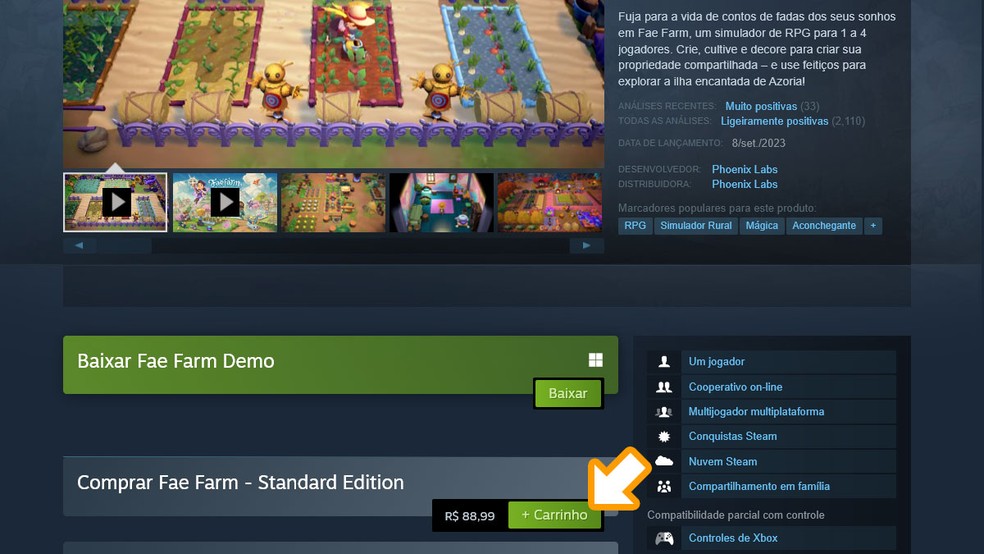 Na página de Fae Farm no Steam clique em "+ Carrinho" abaixo das imagens. Complete a compra e baixe o jogo em seu computador — Foto: Reprodução/Rafael Monteiro