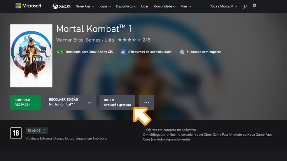 Na página de Mortal Kombat 1 na Microsoft Store selecione "OBTER Avaliação gratuita" para baixar o jogo em seu Xbox Series X ou Xbox Series S — Foto: Reprodução/Rafael Monteiro