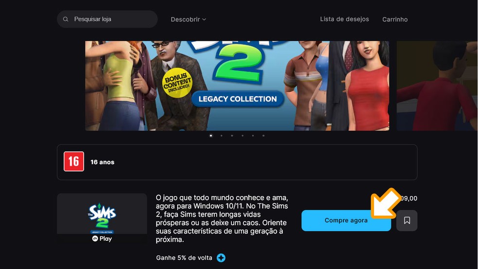 Na página de The Sims 1 ou 2 Coleção Legacy na Epic Games Store clique em "Compre agora" abaixo das imagens e finalize sua compra para baixar em seu PC — Foto: Reprodução/Rafael Monteiro