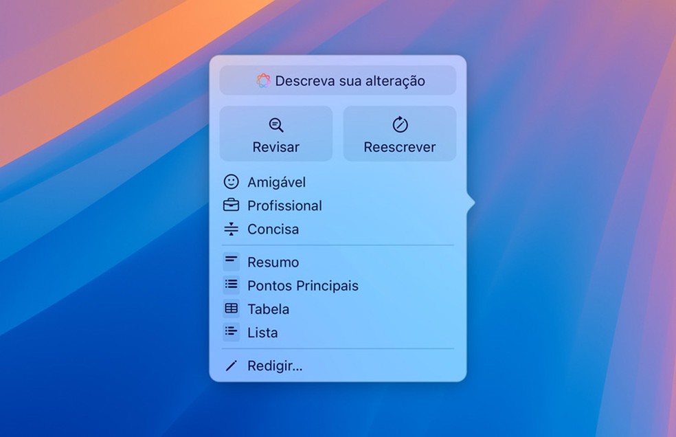 Com as Ferramentas de Escrita da Apple, é possível escolher o tom da escrita, fazer revisões ou até mesmo reescrever trechos — Foto: Divulgação/Apple