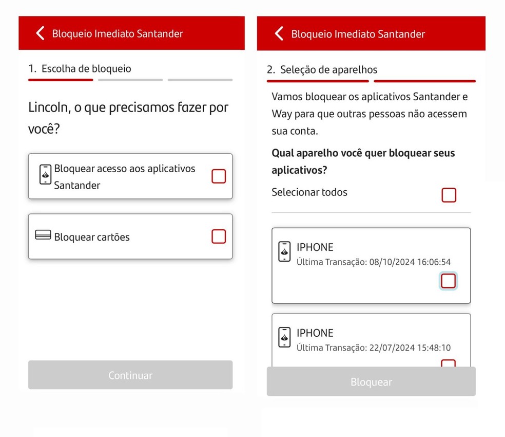 Selecione os serviços que deseja bloquear para impedir que criminosos tenham acesso à sua conta no Santander — Foto: Divulgação/Santander