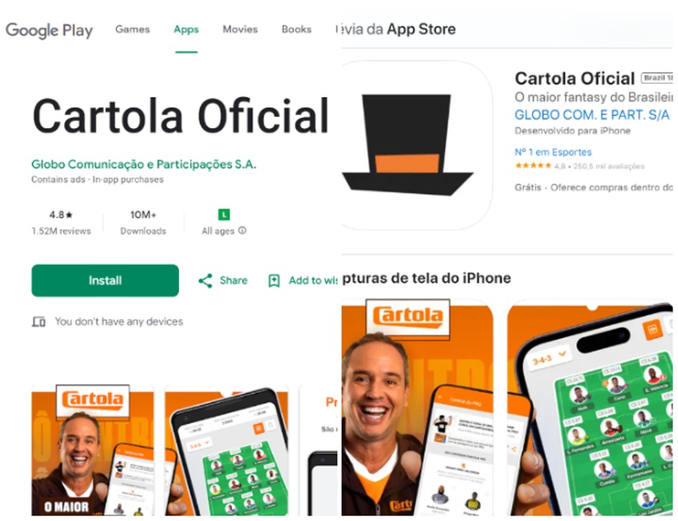 App Cartola está disponível para Android e iPhone — Foto: Reprodução/Carolina Brasil