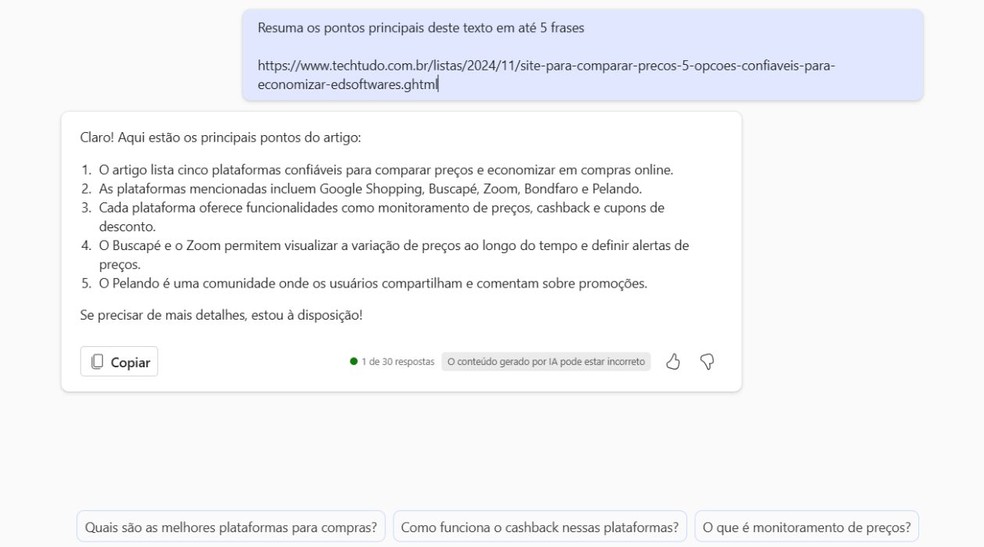 É possível utilizar a IA da Microsoft para resumir textos de links e documentos — Foto: Reprodução/Júlia Silveira