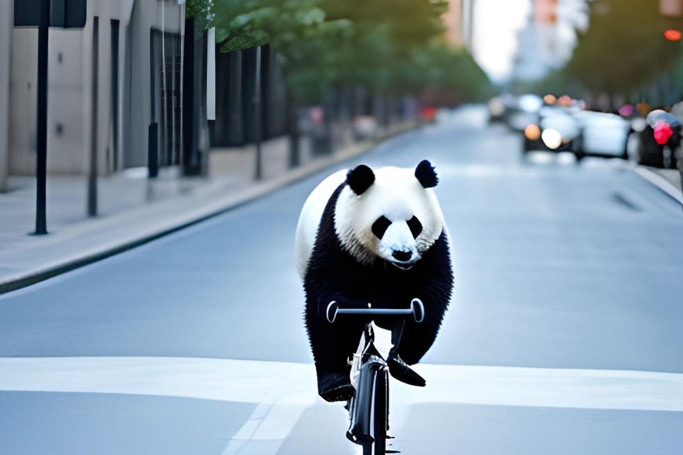 Imagem gerada a partir do prompt “panda de bicicleta andando pela cidade” — Foto: Reprodução/CanvaAI 