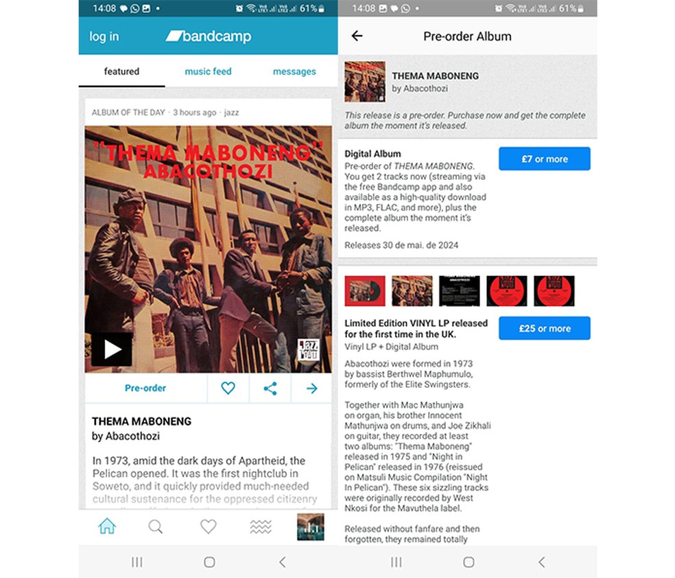 BandCamp é um aplicativo de loja de álbuns — Foto: Reprodução/Marcela Franco