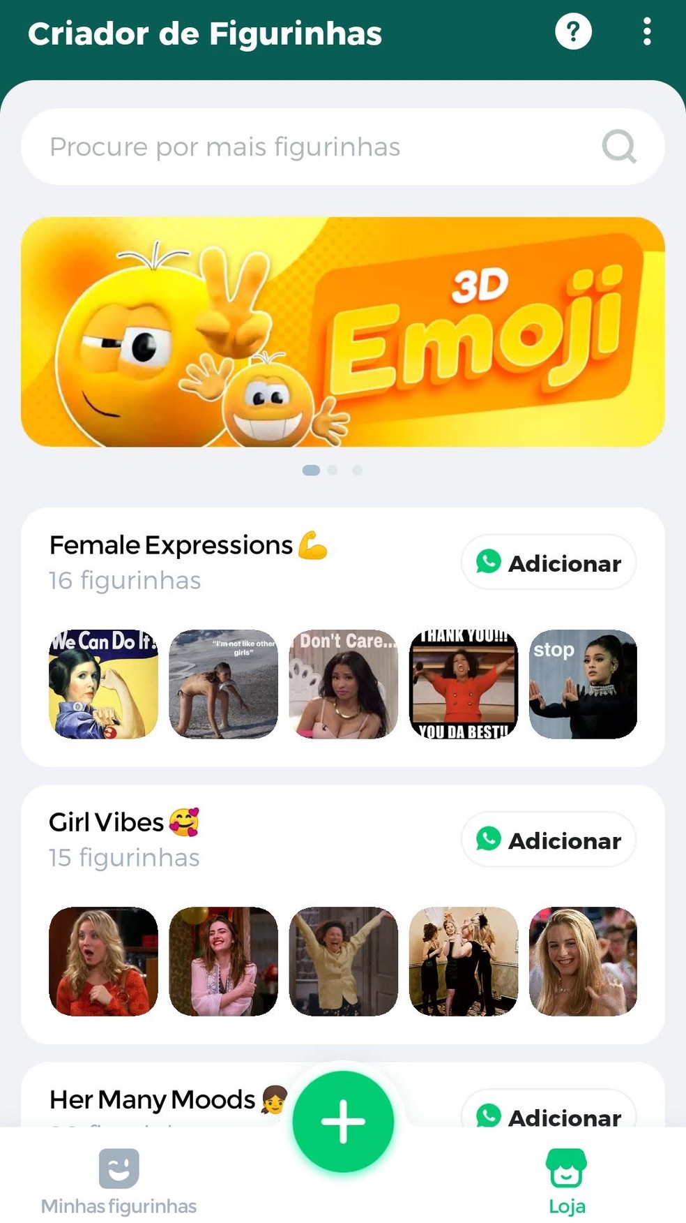 Loja do app "Criador de Figurinhas para WA", com diversas figurinhas prontas para adicionar no seu WhatsApp — Foto: Reprodução/Bruno Guerra