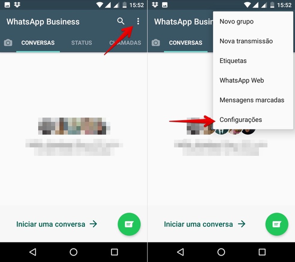 Acesse as configurações do WhatsApp Business — Foto: Reprodução/Helito Bijora