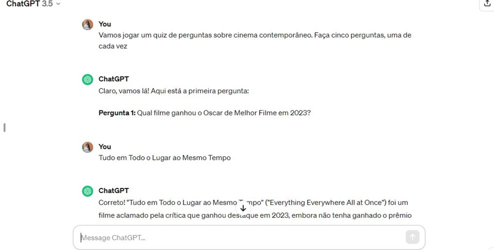 Quiz no ChatGPT — Foto: Reprodução/Millena Borges