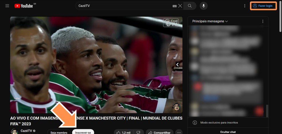 Transmissão Fluminense x Manchester City na CazéTV: faça login no YouTube para enviar mensagens no chat — Foto: Reprodução/Róbson Martins