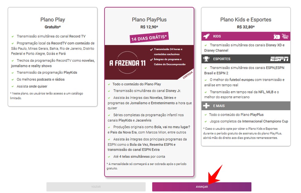 PlayPlus tem três opções de plano, entre grátis e pagos — Foto: Reprodução/Rodrigo Fernandes