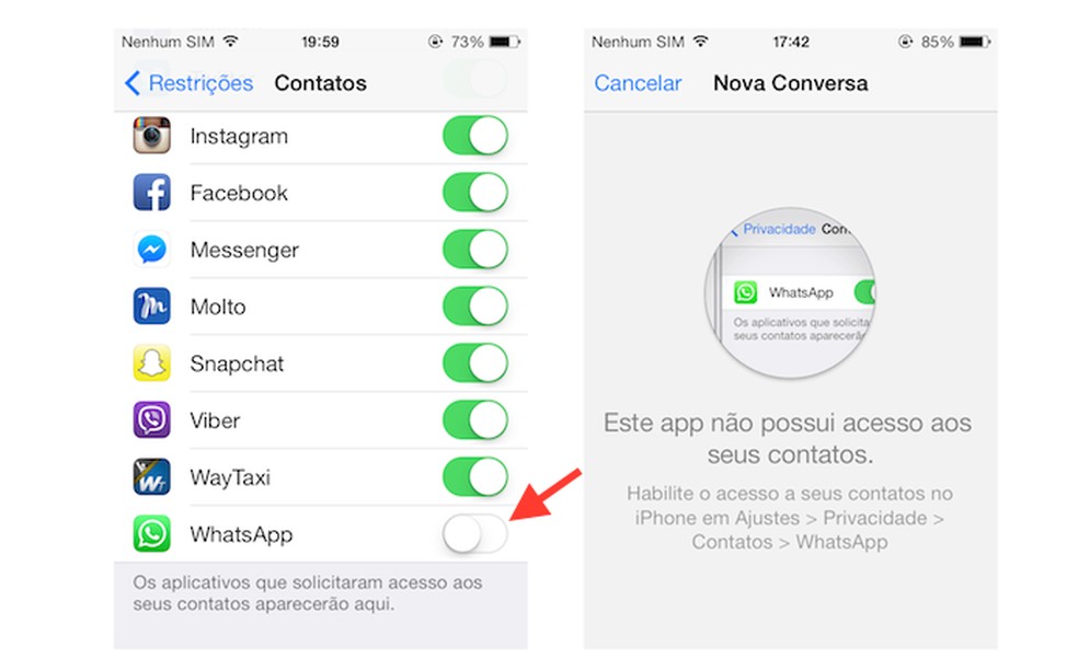 Impedindo que o WhatsApp acesse os contatos do iPhone (Foto: Reprodução/Marvin Costa) — Foto: TechTudo