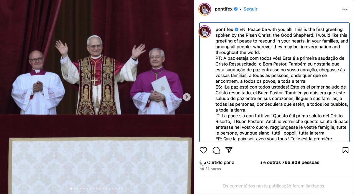 Papa Leão XIV no Instagram: veja nome do perfil e primeiro post na rede