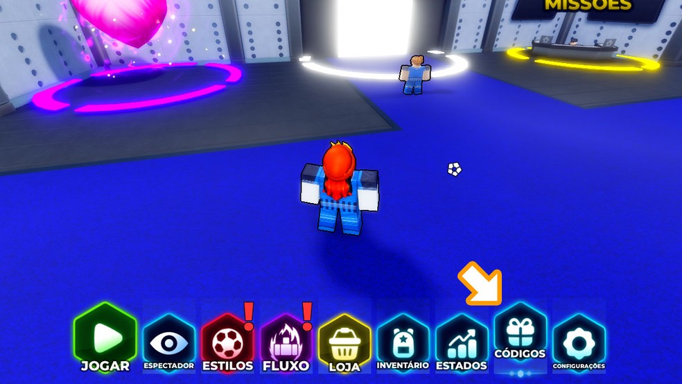 Selecione a opção de Códigos no menu de Blue Lock Rivals no Roblox, desde que esteja no nível 10 para resgatá-los — Foto: Reprodução/Rafael Monteiro