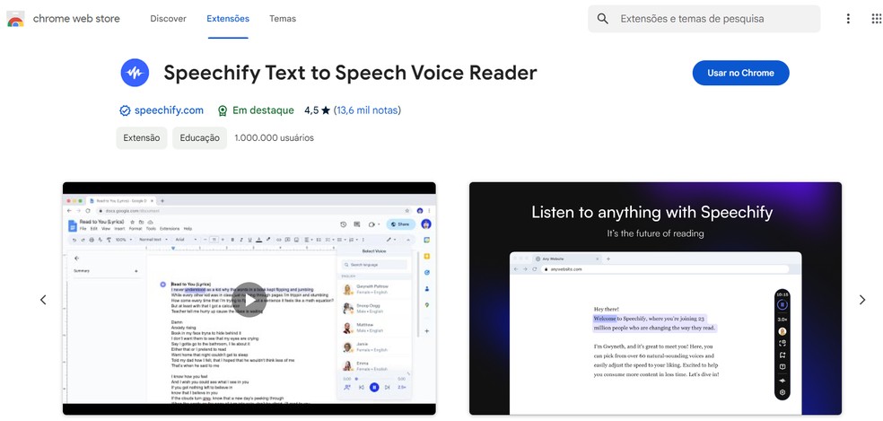 Speechify lê qualquer texto em voz alta — Foto: Reprodução/Chrome Web Store