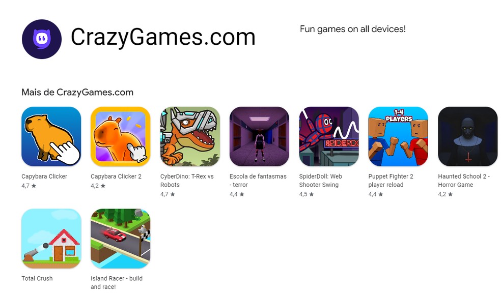 Crazy Games roda nos celulares e oferece aplicativos em separado — Foto: Reprodução/Felipe Vinha