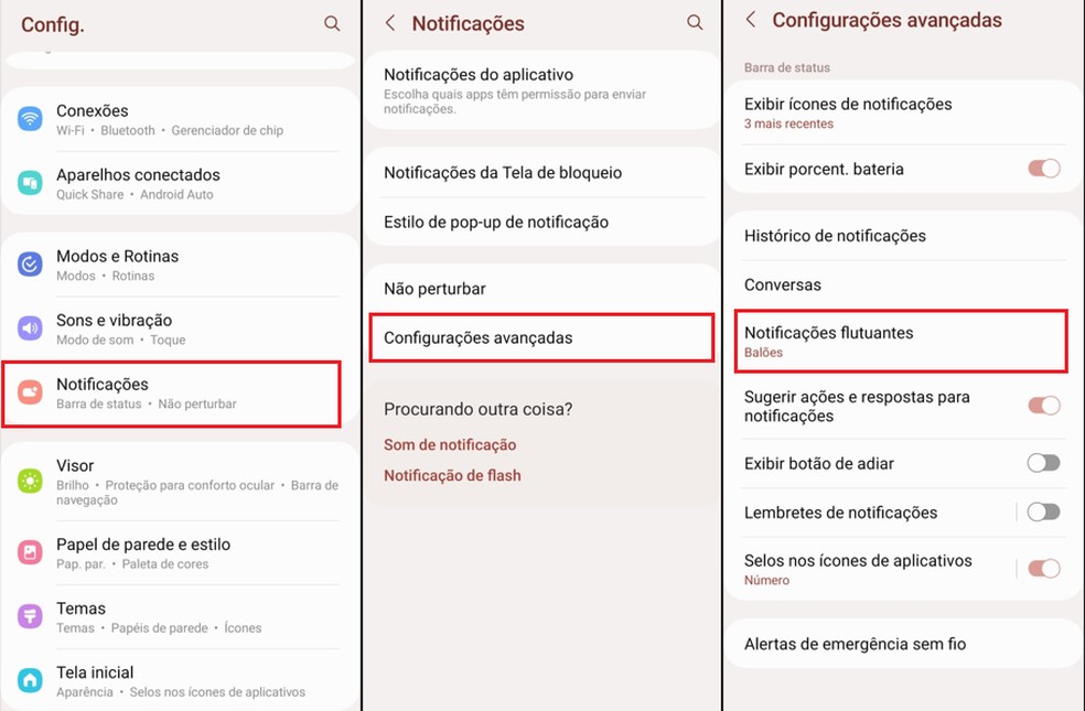 Caminho para ativação de notificações flutuantes nos celulares Samsung Galaxy — Foto: Reprodução/Thawane Maria