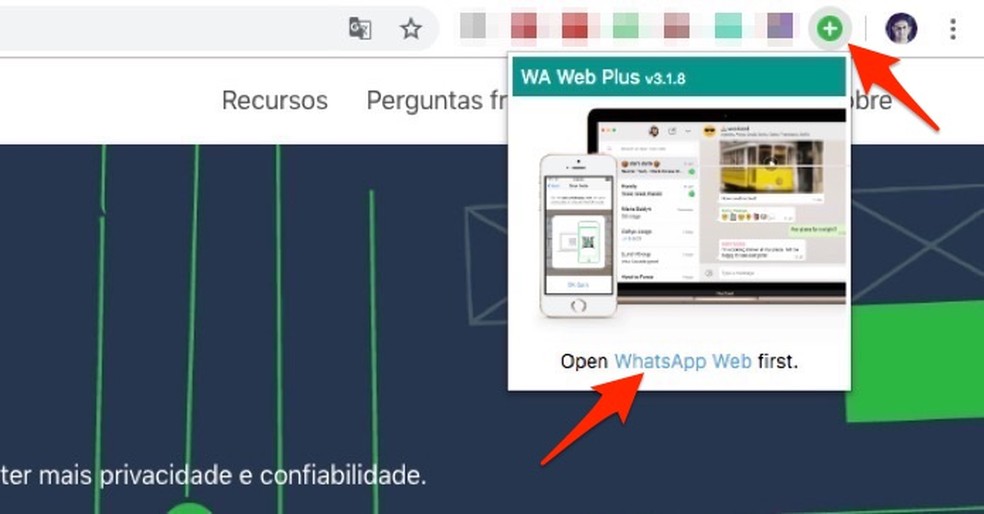 Ação para iniciar o WhatsApp através da extensão WA Web Plus no Chrome — Foto: Reprodução/Marvin Costa