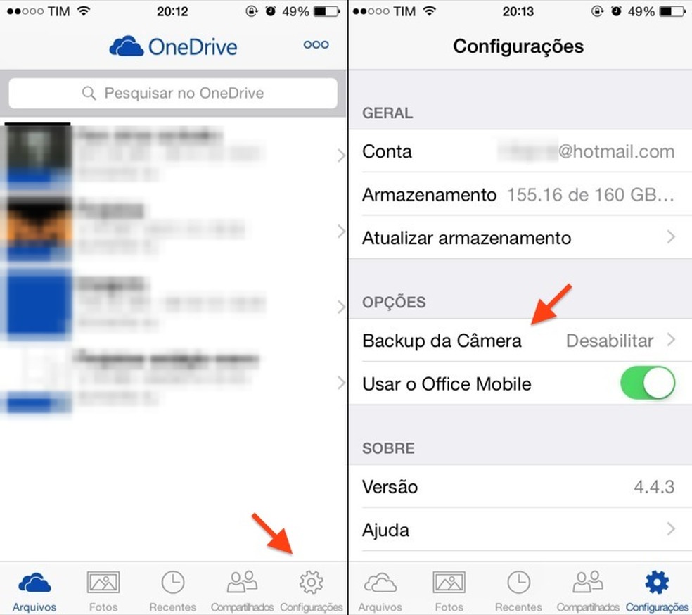 Acesse as configurações do aplicativo OneDrive (Foto: Reprodução/Helito Bijora) — Foto: TechTudo