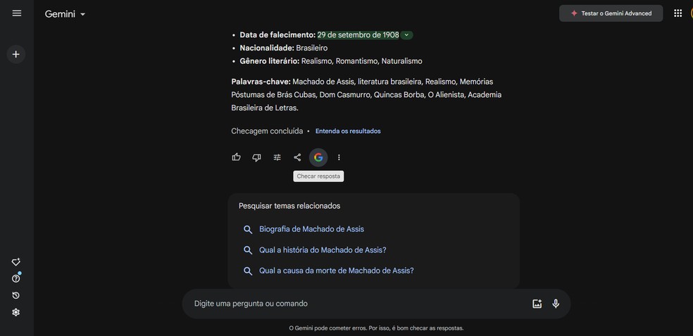 Gemini é ideal para fazer pesquisas e ainda checa respostas automaticamente — Foto: Reprodução/Gemini