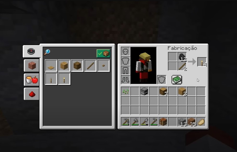 Fabricando tocha no Minecraft — Foto: Reprodução/YouTube