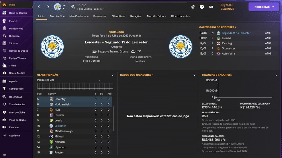 O Football Manager 2024 permite ao jogador reerguer o Leicester — Foto: Reprodução/Filipe Curitiba