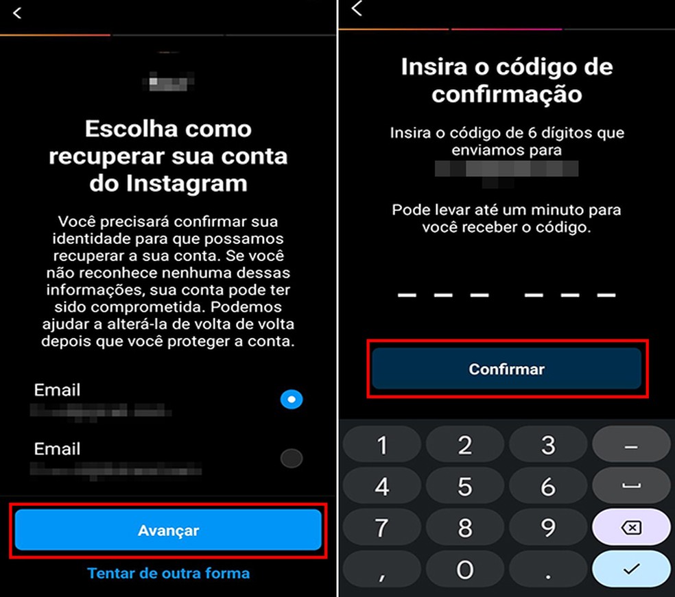 Um código para confirmar identidade é enviado ao usuário pelo Instagram — Foto: Reprodução/Flávia Fernandes