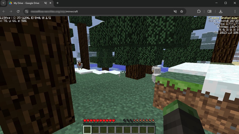 "My Drive Minecraft" é uma versão de Eaglercraft disfarçada em uma aba que parece do serviço Google Drive — Foto: Reprodução/Rafael Monteiro