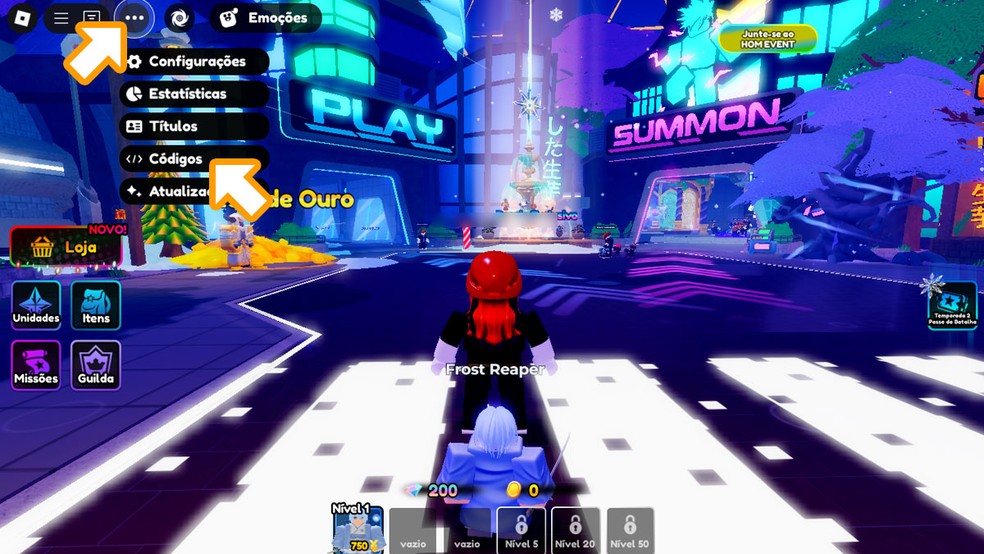 Durante o gameplay de Anime Defenders em Roblox clique no ícone com 3 pontinhos na parte superior da tela e selecione a opção "Códigos" — Foto: Reprodução/Rafael Monteiro