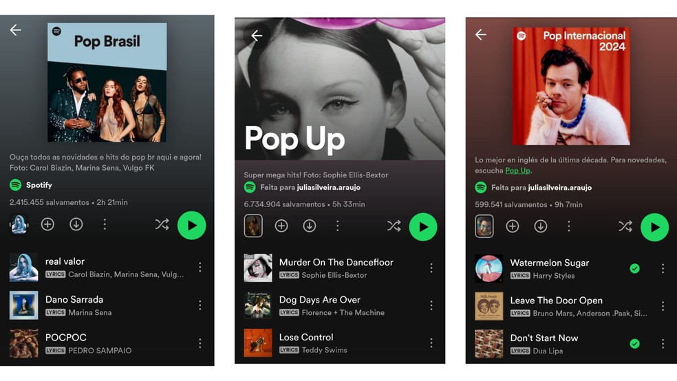 Playlist do Spotify com tema pop — Foto: Reprodução/Júlia Silveira