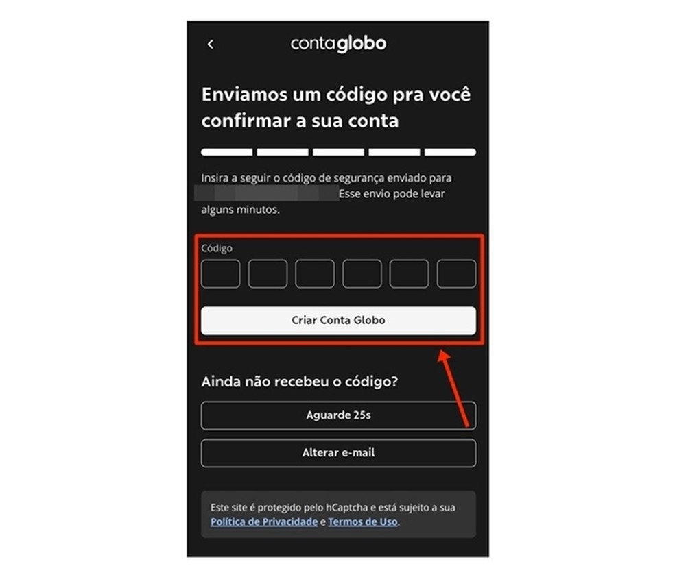 Público deve informar o código recebido para poder abrir a transmissão do sinal da TV Globo ao vivo e online — Foto: Reprodução/Gabriela Andrade