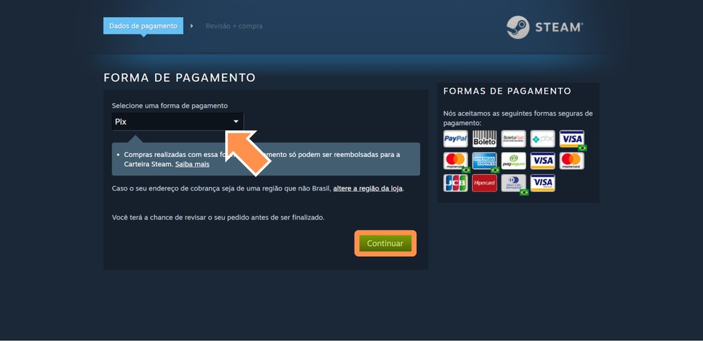 Selecione um forma de pagamento — Foto: Reprodução/Róbson Martins