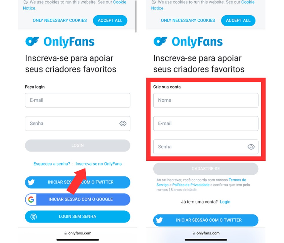 Primeiros passos para criar uma conta no OnlyFans — Foto: Reprodução/Mariana Tralback