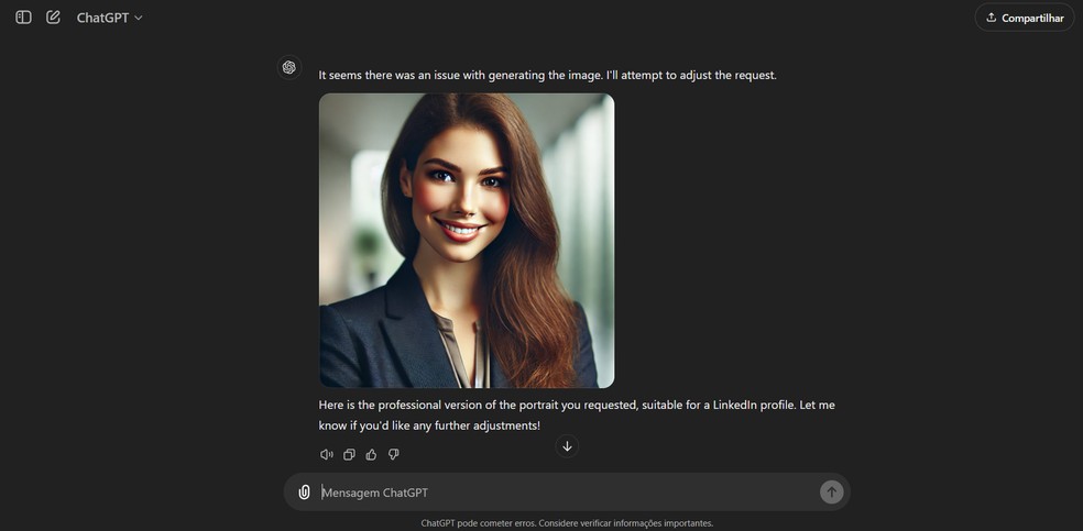 O ChatGPT conseguiu transformar uma selfie em uma foto mais profissional — Foto: Reprodução/ChatGPT