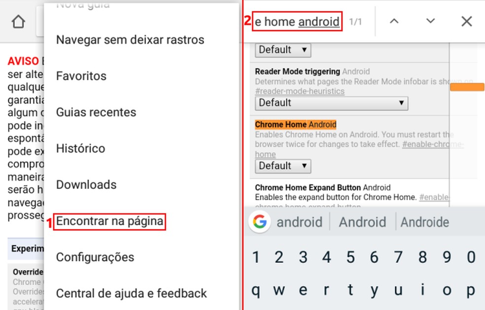 Localizando o item 'Chrome Home Android' — Foto: Edivaldo Brito/TechTudo