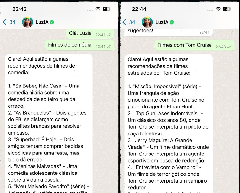 Luzia permite que usuários do WhatsApp possam pedir sugestões de filmes  — Foto: Reprodução/Gisele Souza