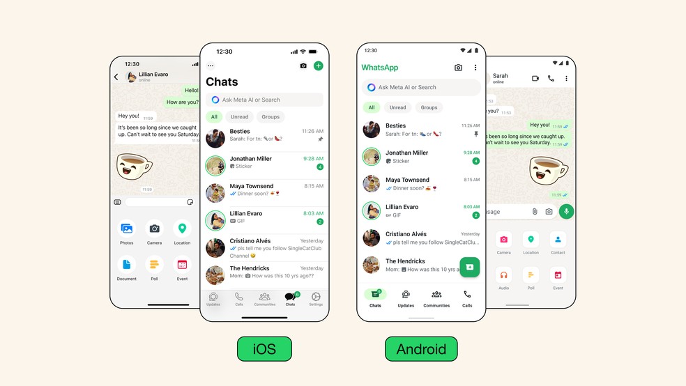 Design do WhatsApp prioriza cores neuras no Android e iOS — Foto: Divulgação/TechTudo